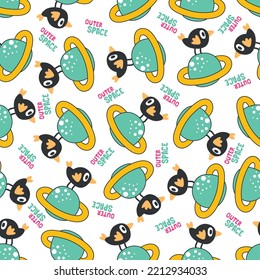 Vector bird character  in the space with planet and rocket isolated on white background, Can be used for t-shirt print, fabric textile, nursery wallpaper and other decoration