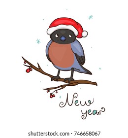 Vector bird in Christmas hat on a branch in winter. Cartoon illustration for New Year decor and design template. Cute simple style festive bullfinch art on white background.