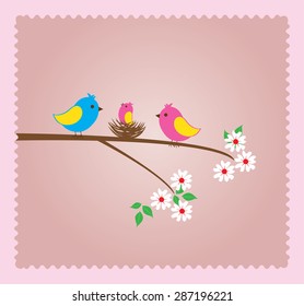 Vector Bird Family With A Bird Nest On The Tree Branch