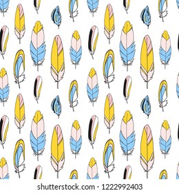 Vector bird feathers background. Summer exotic quill feather cute seamless pattern, illustration, wrap, textile