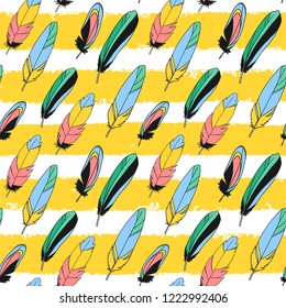 Vector bird feathers background. Summer exotic quill feather cute seamless pattern, illustration, wrap, textile