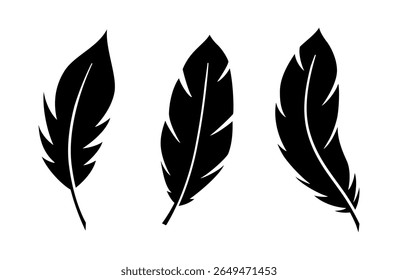 Penas de pássaros vetoriais colocadas isoladas em branco. Glifos pretos quill coleção em um estilo de desenho animado