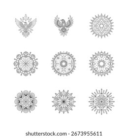 Vektorvogel mit geometrischen Vögeln und komplizierten Mandala-Designs mit Kristallen Phoenix Adler. Skalierbar...