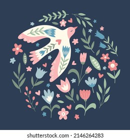 Vector bird, flowers, leaves, berries  in folklore style in  shape of a circle. Doves of peace. Doodle illustrations with stylized decorative floral elements. Good for posters, t shirts, postcards.