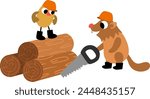 Vector bird in hard hat standing on the log near builder beaver with saw. Construction site workers illustration for kids with funny characters. Cute repairmen icon isolated on white background
