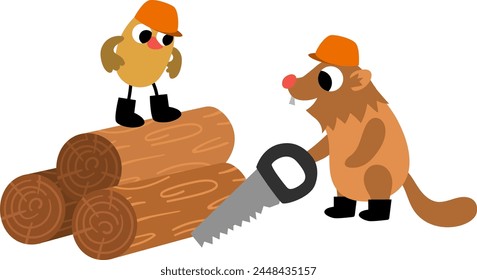 Vector bird in hard hat standing on the log near builder beaver with saw. Construction site workers illustration for kids with funny characters. Cute repairmen icon isolated on white background
