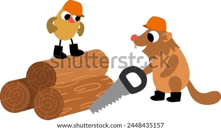 Vector bird in hard hat standing on the log near builder beaver with saw. Construction site workers illustration for kids with funny characters. Cute repairmen icon isolated on white background
