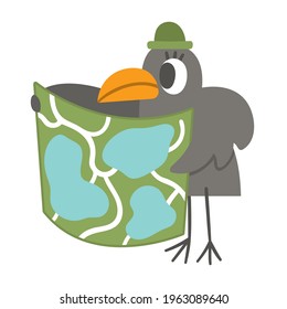 Vector bird in hat looking at the map. Funny woodland animal. Cute forest illustration for kids isolated on white background. Comic raven or crow icon
