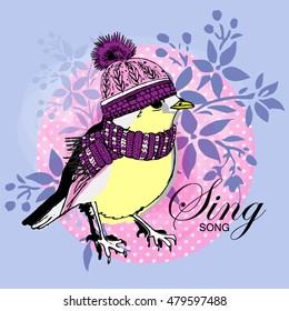 Vector bird in a hat and scarf. Hand drawn illustration of dressed bird. Violet.