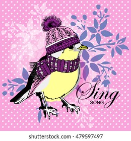 Vector bird in a hat and scarf. Hand drawn illustration of dressed bird. Pink.