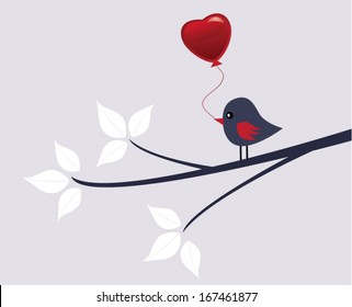vector bird with heart balloon siting on the tree 
