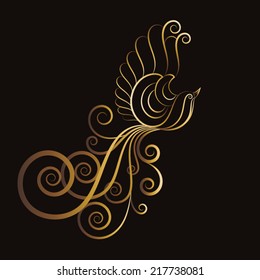 Vector bird icon symbol. Gold silhouette of Fantasy flying bird on black background. Vector illustration.Can be used as icon, sign, symbol.EPS10