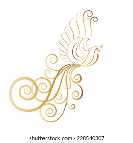 Vector bird icon symbol isolated on white background. Golden silhouette of Fantasy flying bird. Can be used as icon, sign, symbol. EPS 10 Vector.