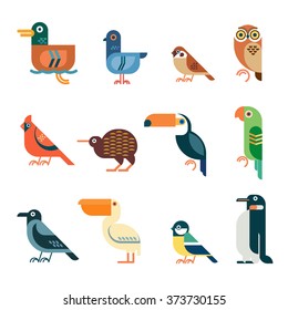 Iconos de pájaros vectores. Aves geométricas coloridas: pato, paloma, gorrión, búho, ave cardinal, kiwi, toucan, loro, cuervo, pelícano, teta, pingüino. 