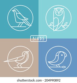 Vector bird icons in outline style - sparrow, owl and pigeon - abstract icons and emblems - logo design templates