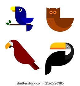 Vektorgrafiken für Vögel setzen verschiedene Vogelarten fest: Eule, Toucan, Papagei, einfache, geometrische und bunte Vektorgrafik.