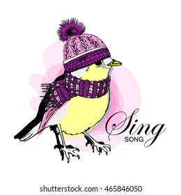 Vector bird in a knitted hat and scarf. Pink.