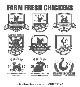 vector bird logo, emblem of agriculture, farm fresh chickens icons. Illustration of food menu, the label with quality chicken