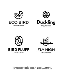 Vector bird logo template set. Outline logotypes with leaf and feather signs. Symbol illustrations of duck, swan, goose, mallard and others. Graphic icon labels for different branding and identity