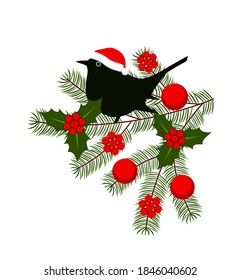 vector bird on christmas twig isolated on white background