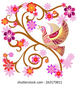 vector bird on a flowering branch, decorative bird image, 
