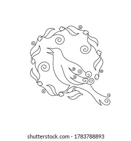 Vector bird and ornament icon emblem design. logo on a white background. Bird hand line illustration, graphic emblem . Floral emblem and logotype