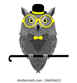 vector bird, owl in yellow glasses,bowler hat , bow tie