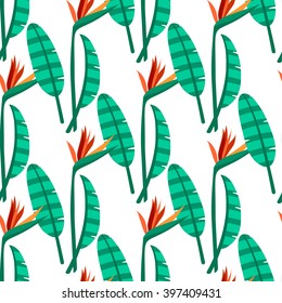 Vector bird of the paradise flowers seamless pattern. Tropical seamless background for textile, paper, wallpaper, clothing, web and other