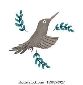 Vector bird of paradise with leaves isolated on white background. Tropical animal illustration. Hand drawn exotic cute little creature. Bright realistic watercolor style picture