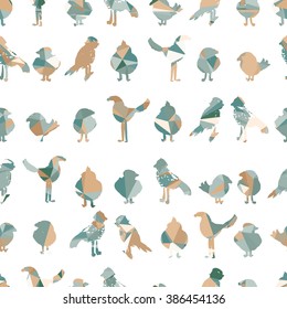 Vector Bird Pattern. Ink Hand Drawn Swimwear Seamless Bird Pattern. Ethnic Allover Pattern With Exotic Birds: Hummingbird, Parrot, Swallow. Grunge Bird Pattern.