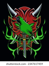 Vector bird perched on katana in front of oni mask suitable for logo design and t shirt design