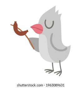 Pájaro vector con salchicha en una rama. Divertido ícono de animal de bosque. Ilustración de bosque lindo para niños aislados en fondo blanco. 
