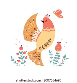 Vector bird in scandinavian style. Folk forest animal. Bird in nordic style. Folklore woodland character. Isolated on white background. 