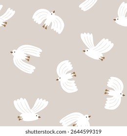 Vector bird seamless pattern. Hand drawn white seagull on light grey background. Stylish baby animle happy seamless fabric design.