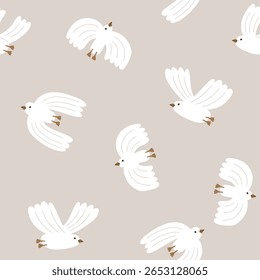 Padrão sem emenda de pássaro vetorial. Gaivota branca desenhada à mão sobre fundo cinza claro. Design de tecido sem costura feliz elegante do bebê animle.