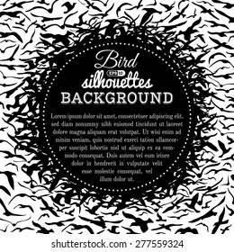Vector bird silhouettes background. Black and white background. There is copy space for text in the center. 