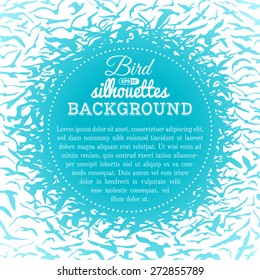 Vector bird silhouettes background. Blue and white background. There is copy space for text in the center. 