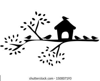 vector bird silhouettes sitting on the branch