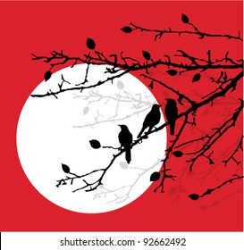 vector bird silhouettes sitting on the branches in the moonlight
