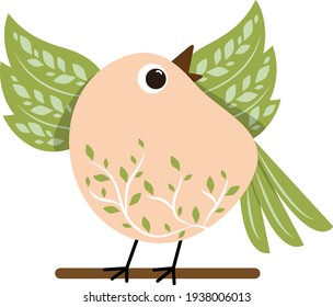 vector bird sits on a twig with spread wings, spring print with green leaves and twigs