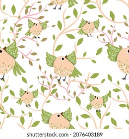 vector bird sits on a twig with spread wings, spring print with green leaves and twigs
