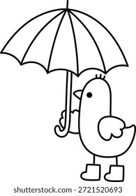 Vector pájaro de pie bajo el ícono de la línea del paraguas. Animal de primavera o otoño con concepto de Clima lluvioso o lluvioso. Ilustración en blanco y negro del personaje del pueblo de Pascua, página para colorear para niños

