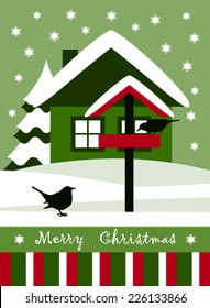vector bird table with birds in snowy landscape