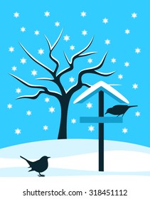 vector bird table and birds in snowy landscape