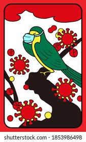 [Vector] a bird wearing a mask to avoid the corona virus, the flower playing card(Hwatu) parody illustration