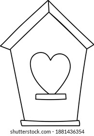 Vector birdhouse with heart shaped door doodle illustration isolated on white background. Cute nesting box outline hand drawn painting. Valentine's day, spring, springtime, summer design element.