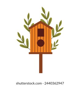 Vector birdhouse. Wooden house for birds. Spring birdhouse. Hand drawn style. White isolated background. 