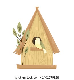 Сolorful vector birdhouses, cute birds and nests illustrations, hand drawn isolated on a white background. Summer, spring