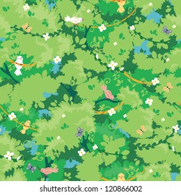 Vector birds among branches seamless pattern background with hand drawn elements.