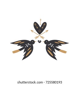 Vector birds, arrows and hearts. Poster, postcard, print, illustration, sticker, label and other.